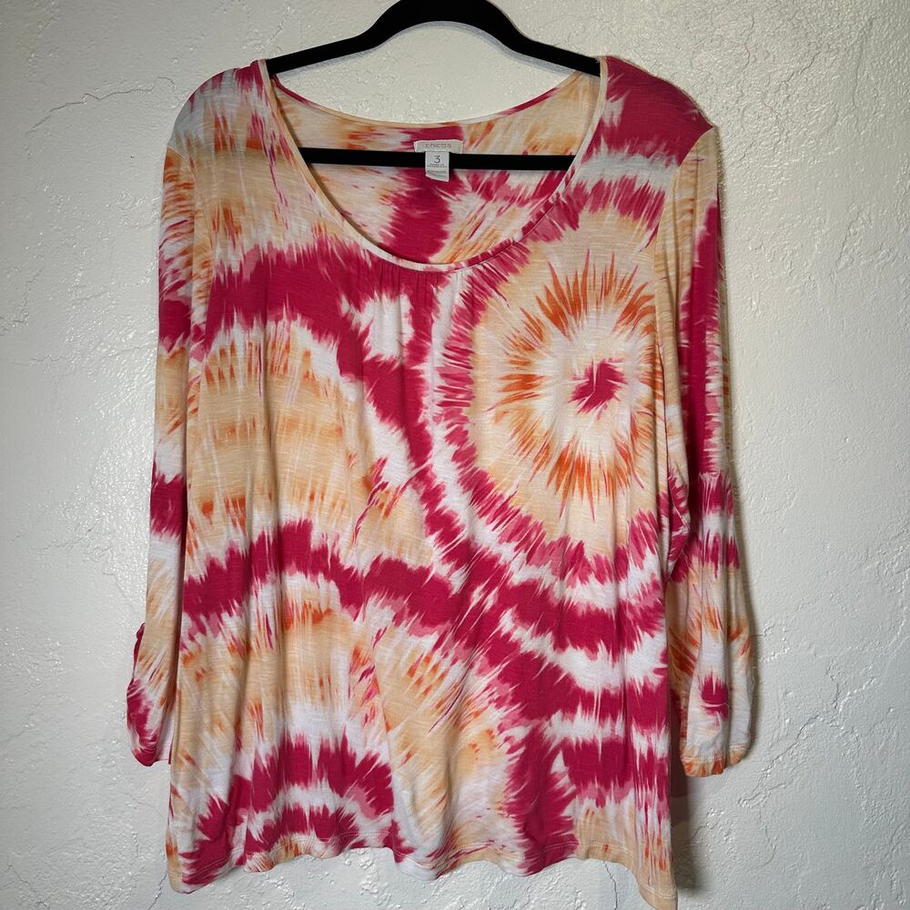Chico's Size 3 Extra Large Tie Dye 3/4 Sleeve Tee Boho Hot Pink Orange Coastal